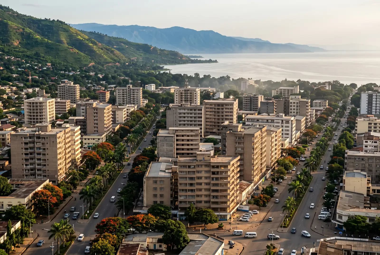 Vue du centre de Bujumbura en fin de journée : immeubles de plusieurs étages, avenues bordées de palmiers et de flamboyants, le lac Tanganyika et les montagnes de la RDC au fond.