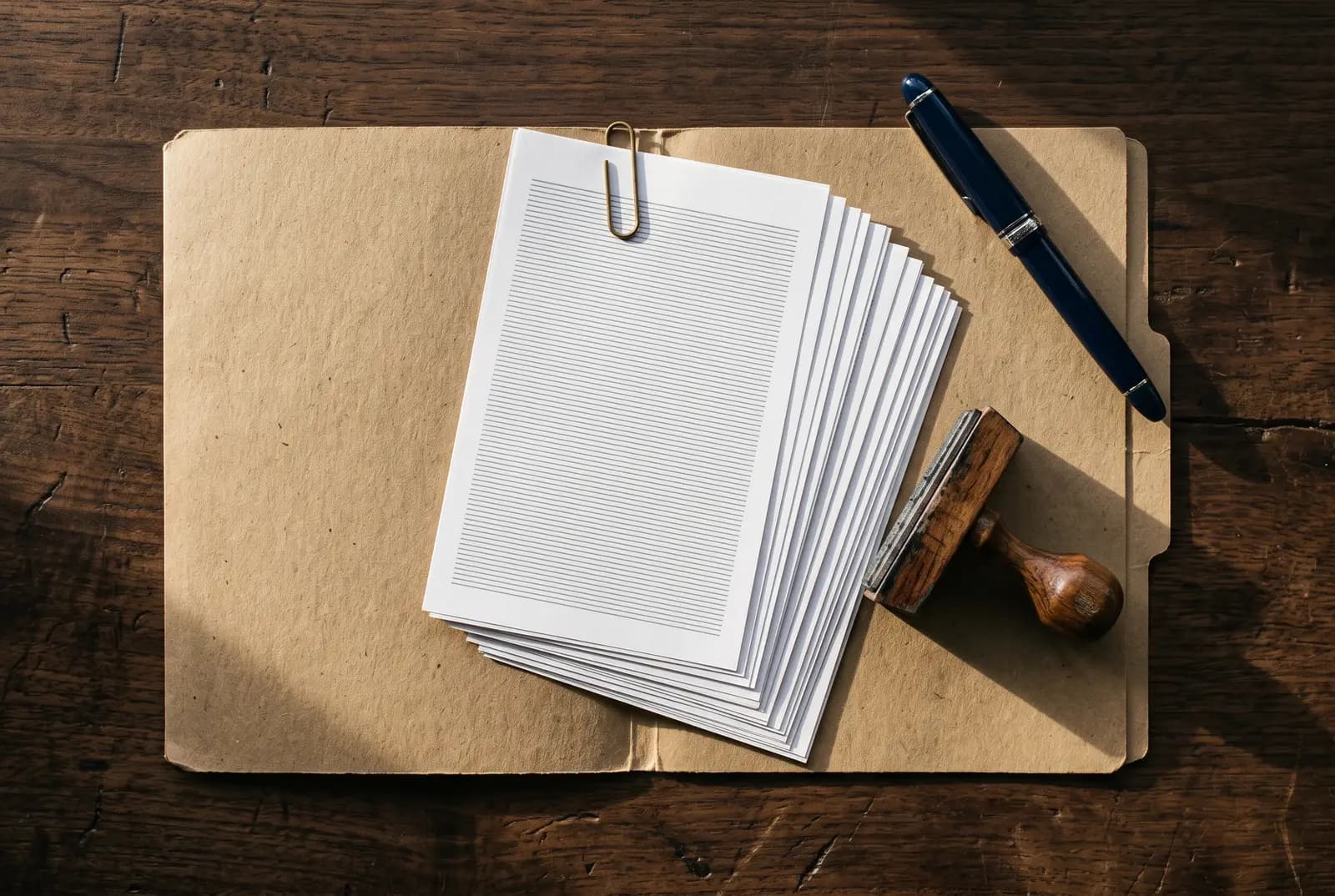 Vue de dessus d’une chemise cartonnée ouverte : des pièces imprimées en éventail, un tampon à manche de bois, un stylo plume bleu marine et un trombone, sur un bureau en bois, en lumière rasante.