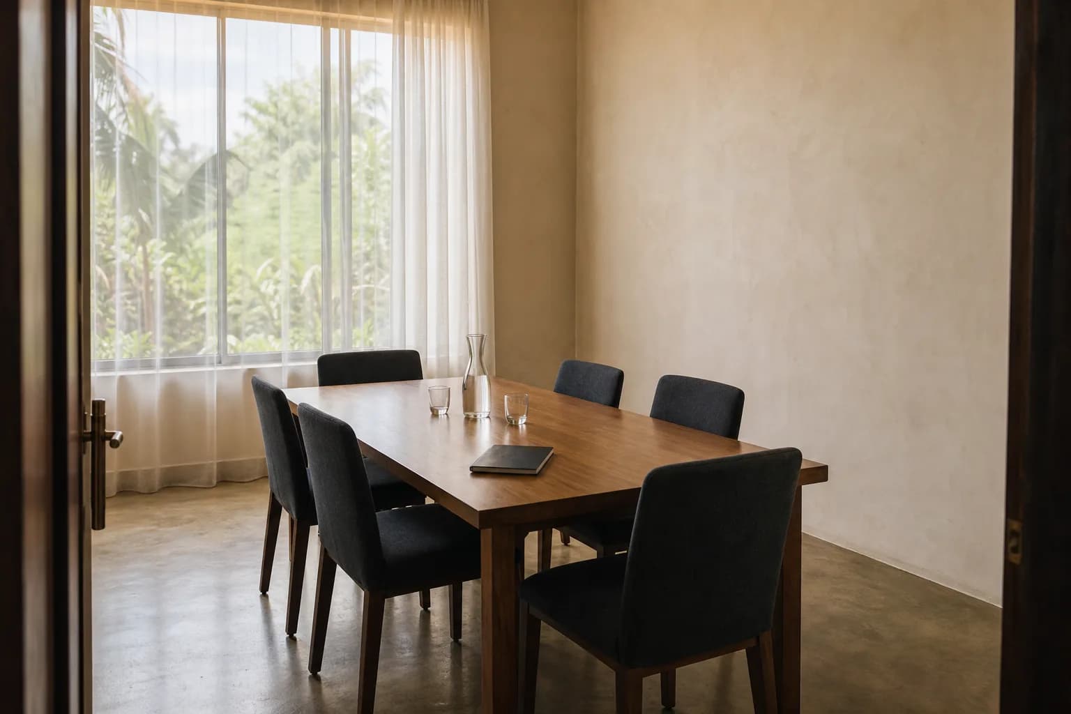 Salle de réunion de MABEVO à Bujumbura : table en bois, six chaises, lumière naturelle par une grande fenêtre.